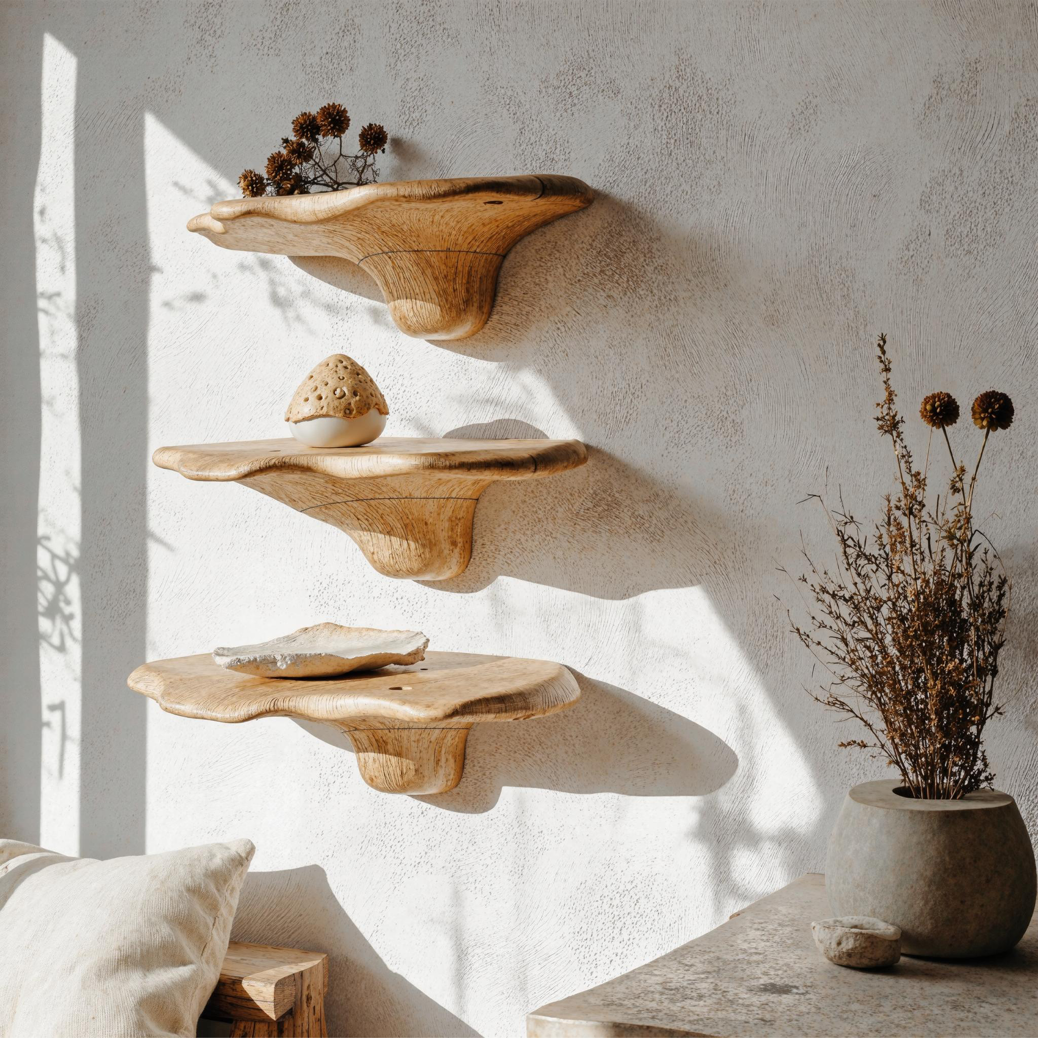 Nature Inspired Wood Mushroom Shelf For Wall Mounting SILDTMR010