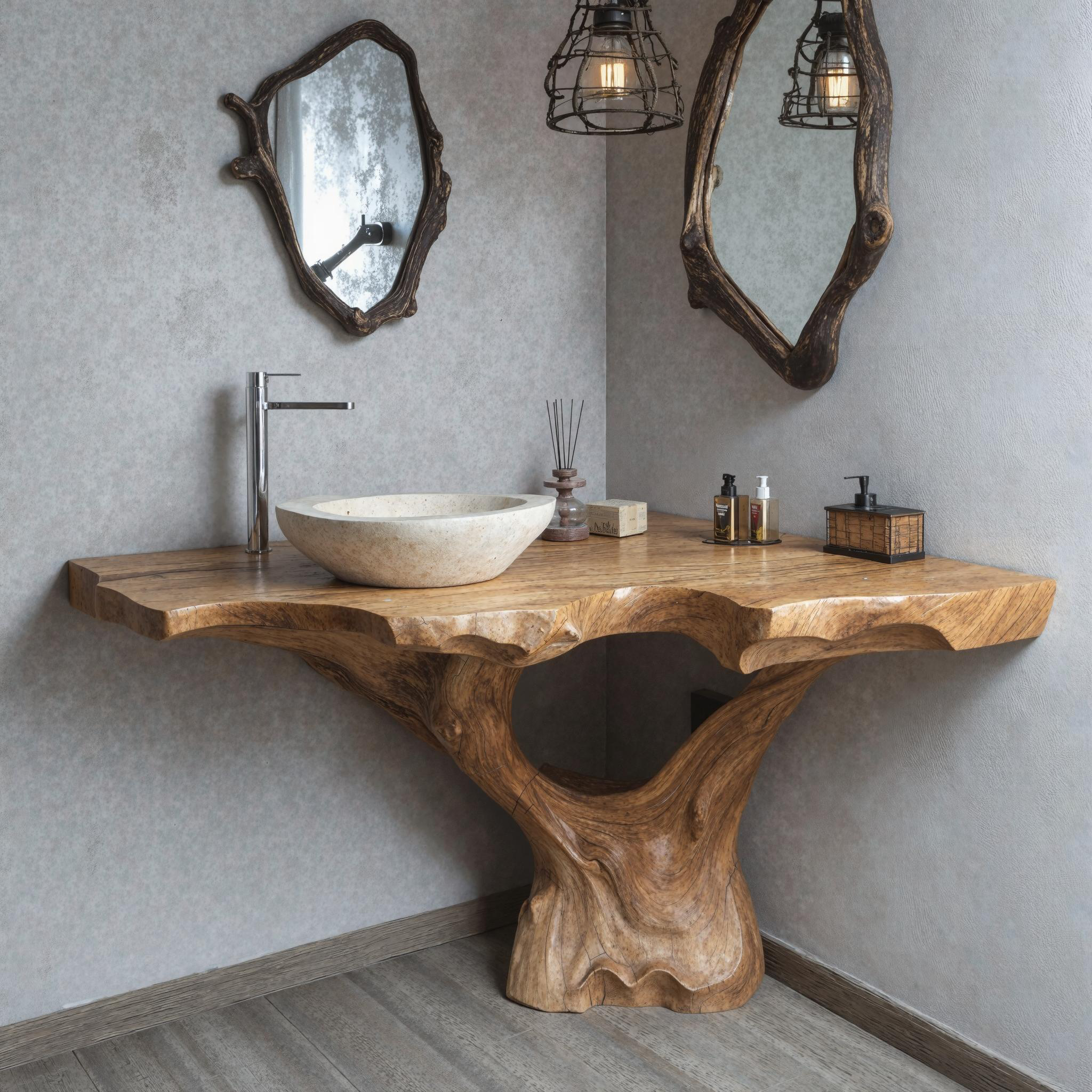 Handcrafted Natural Wood Corner Bathroom Vanity For Unique Interiors SILDTBRV163