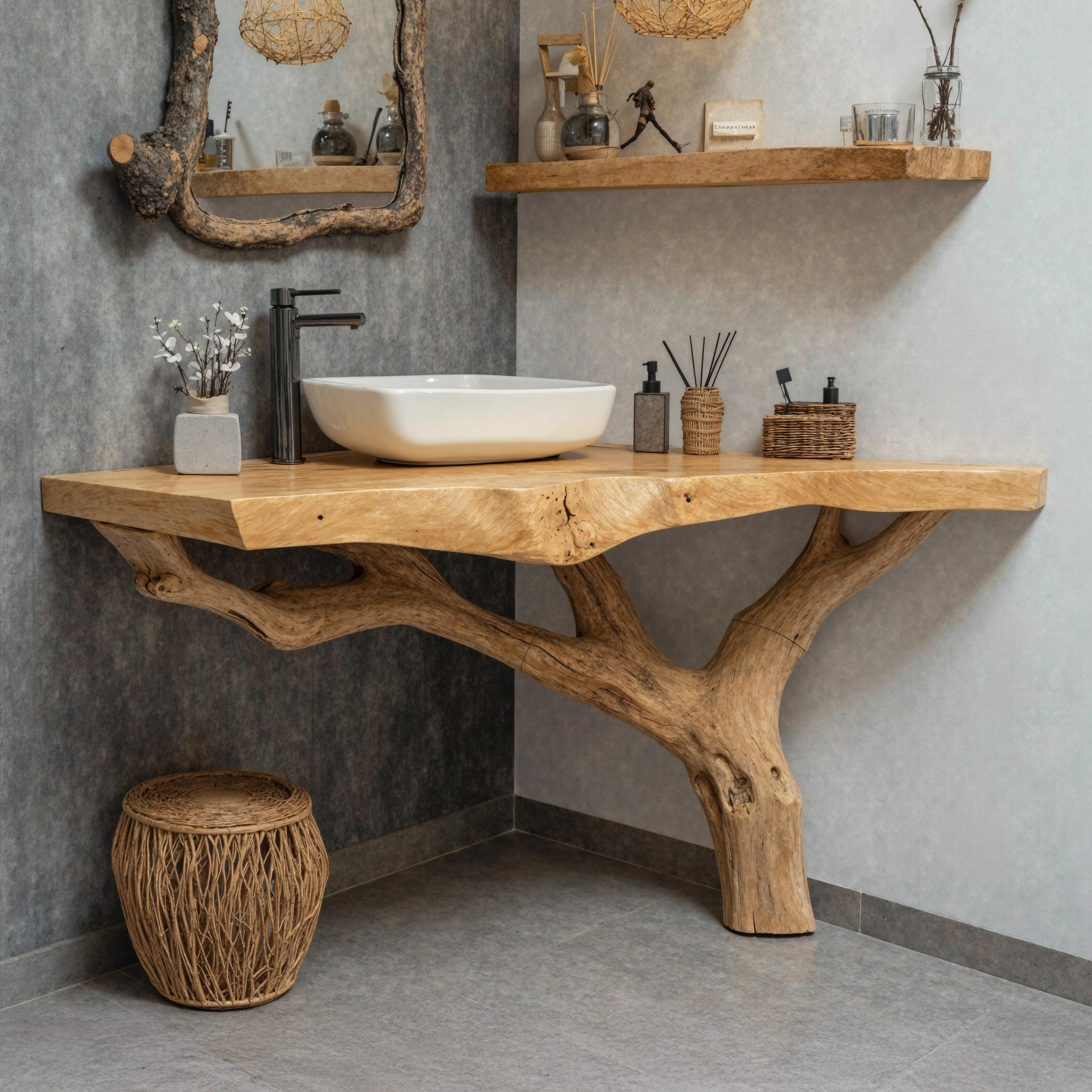 Rustic Modern Corner Bathroom Vanity With Handcrafted Wood Texture SILDTBRV173