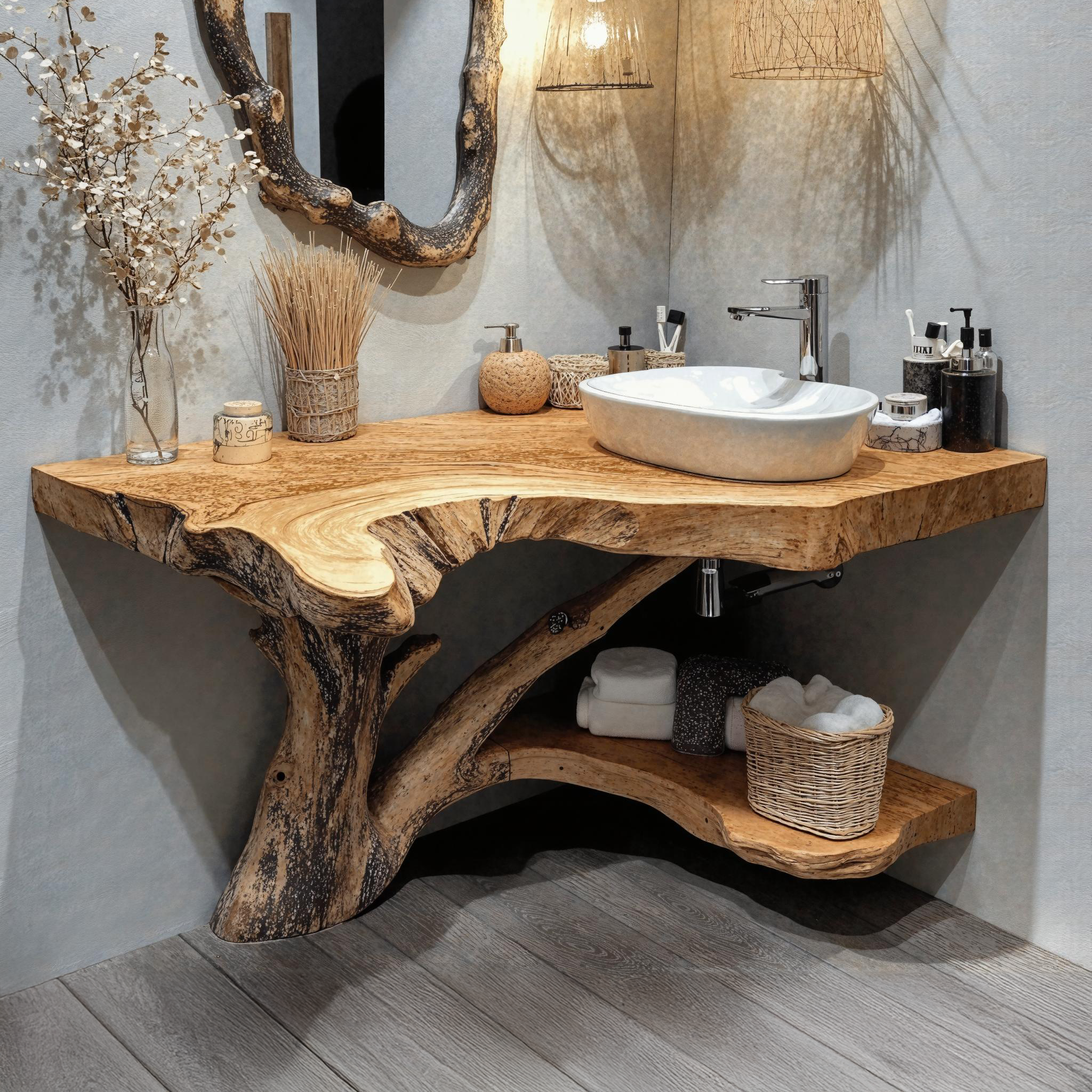 Natural Wood Corner Bathroom Vanity With Storage Underneath SILDTBRV174