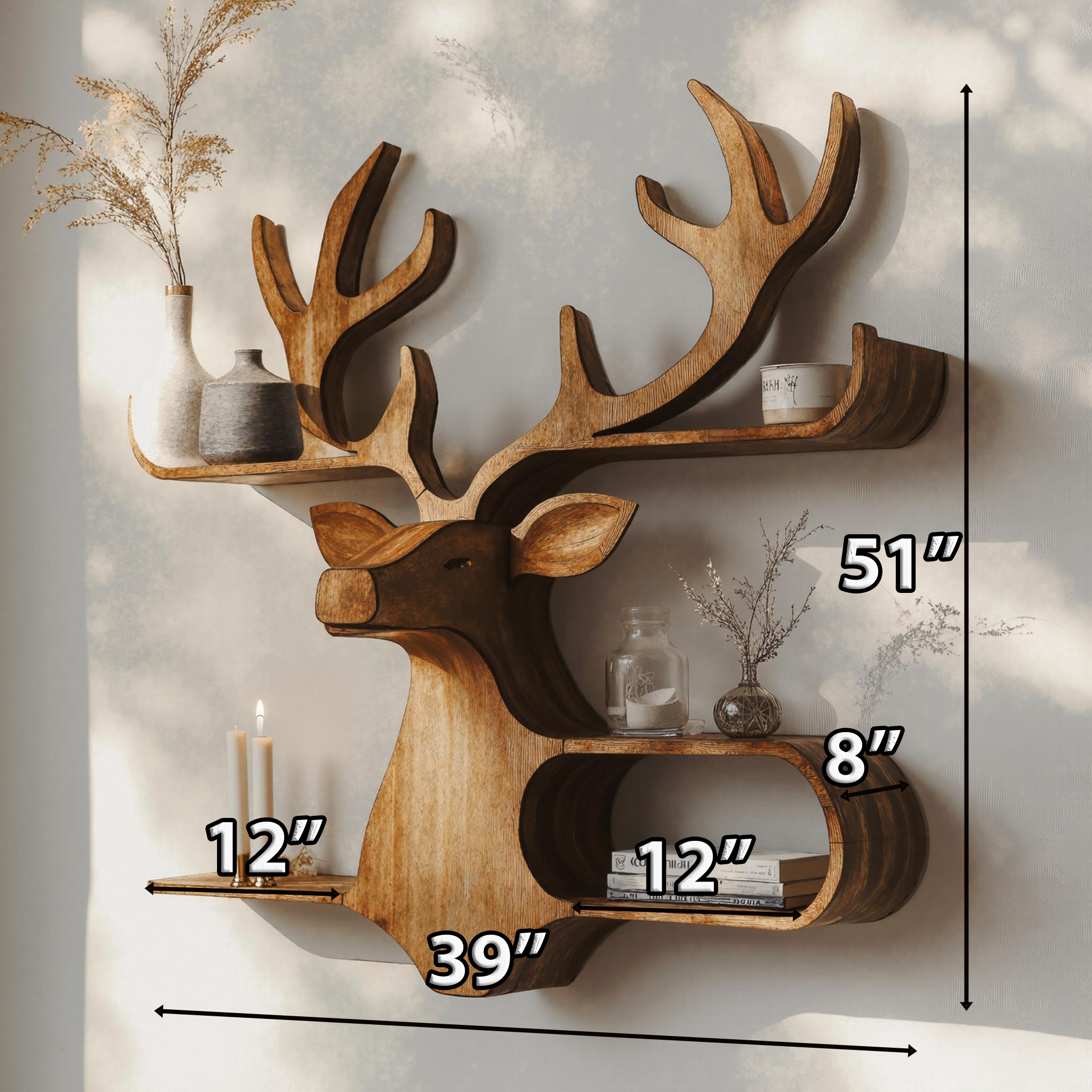 Farmhouse Wooden Deer Shelf For Rustic Wall Display SILDTDE013