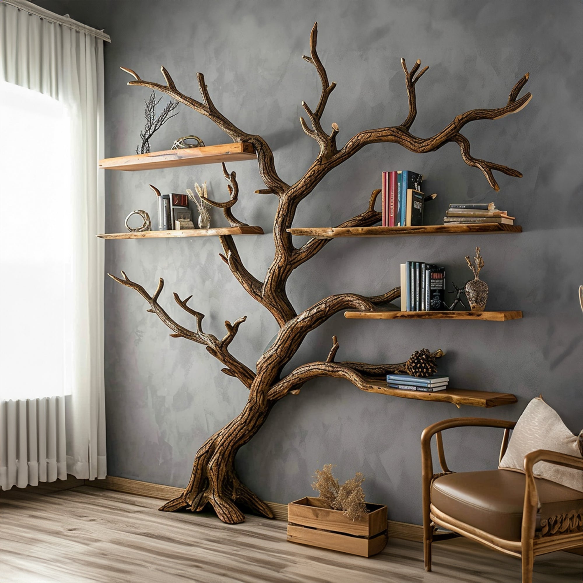 Tree Bookshelf Black Decor Wild Mulberry Solid Wood Carving Living Room Gift Her SINLTB002