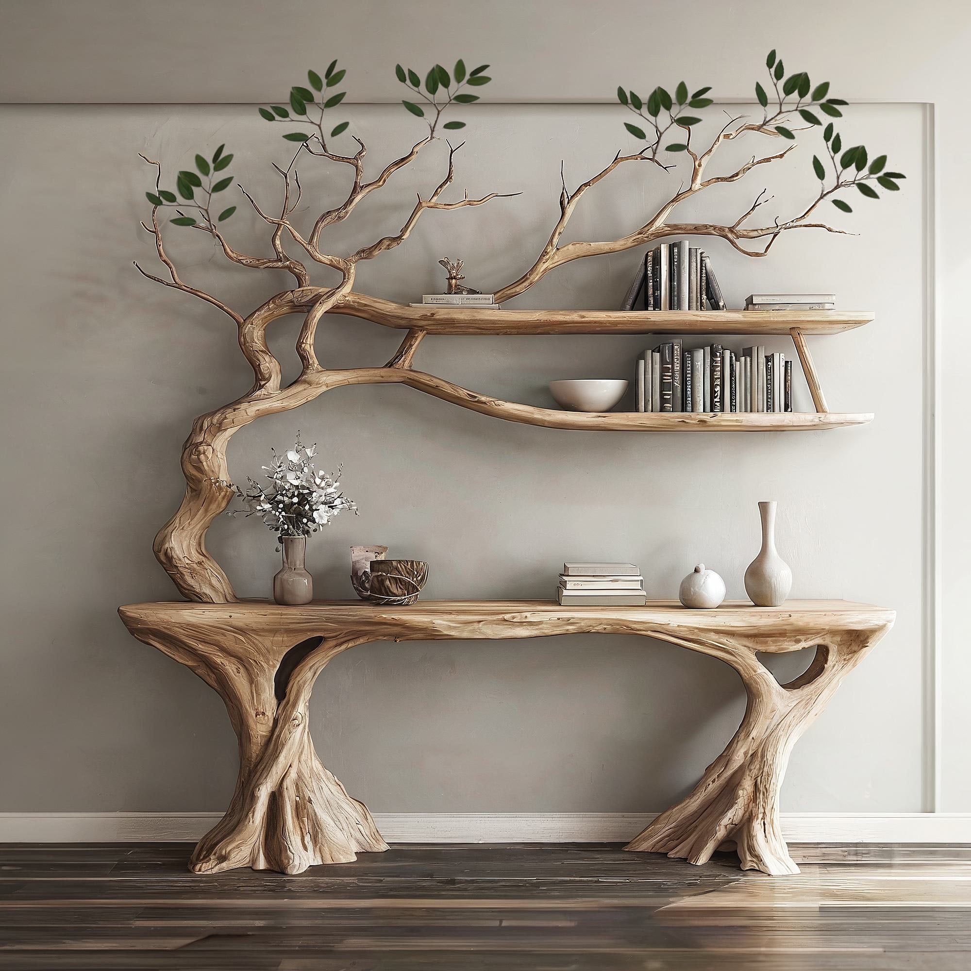 Console Narrow Table With Tree Branch Bookshelf SINLCS036