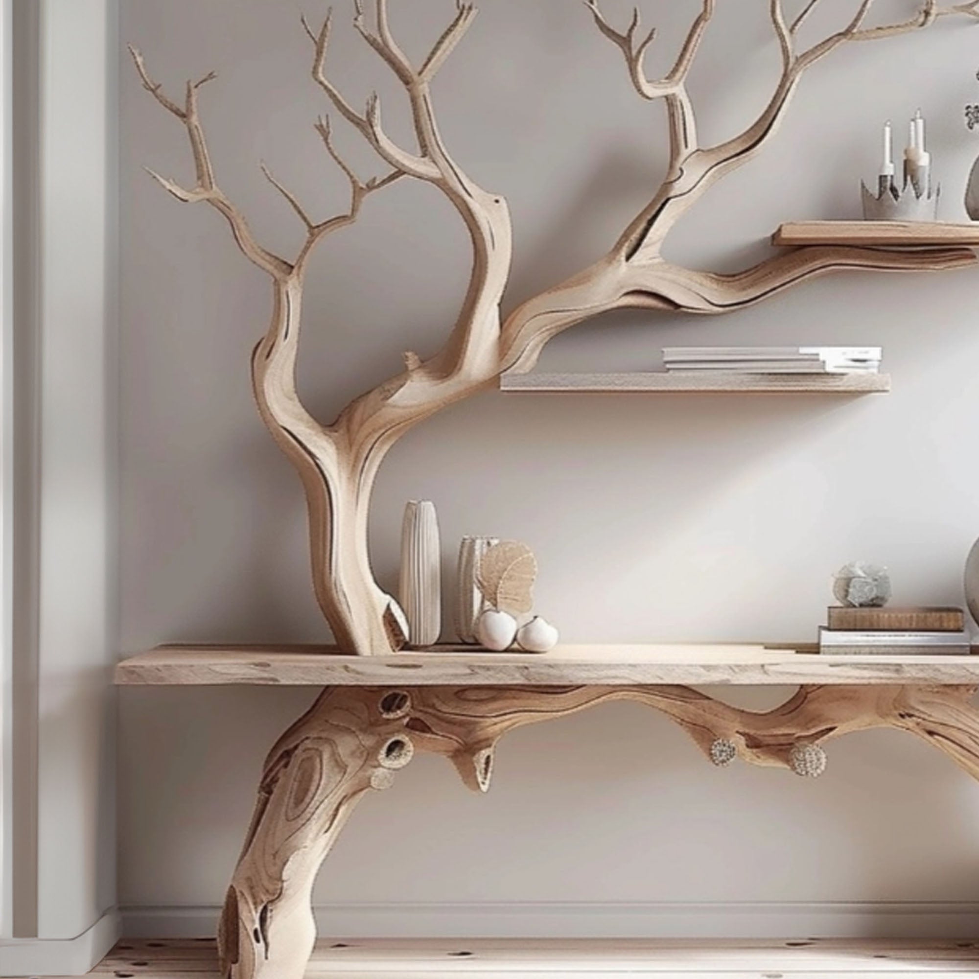 Farmhouse console table with tree branch bookshelf SINLCS034