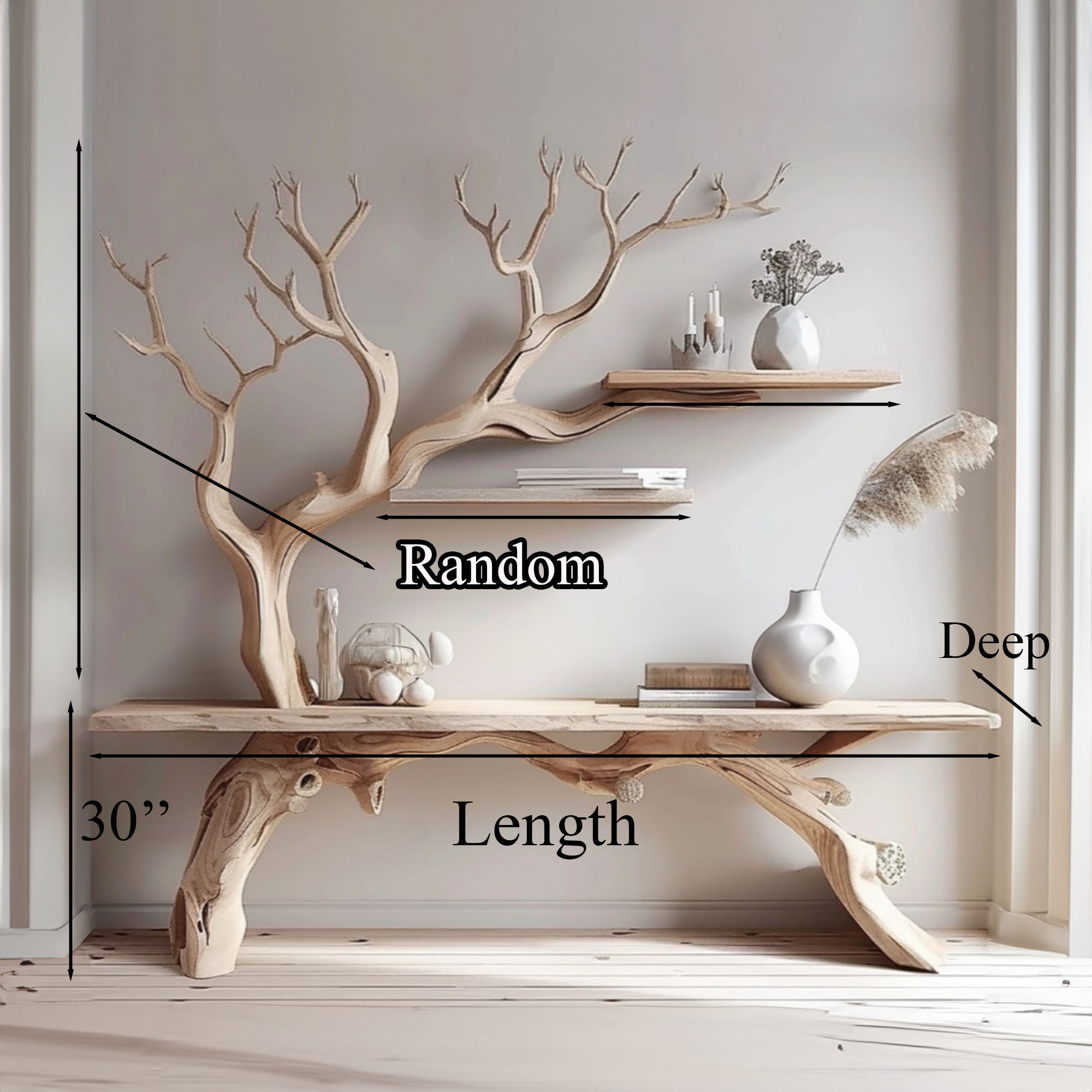 Farmhouse console table with tree branch bookshelf SINLCS034