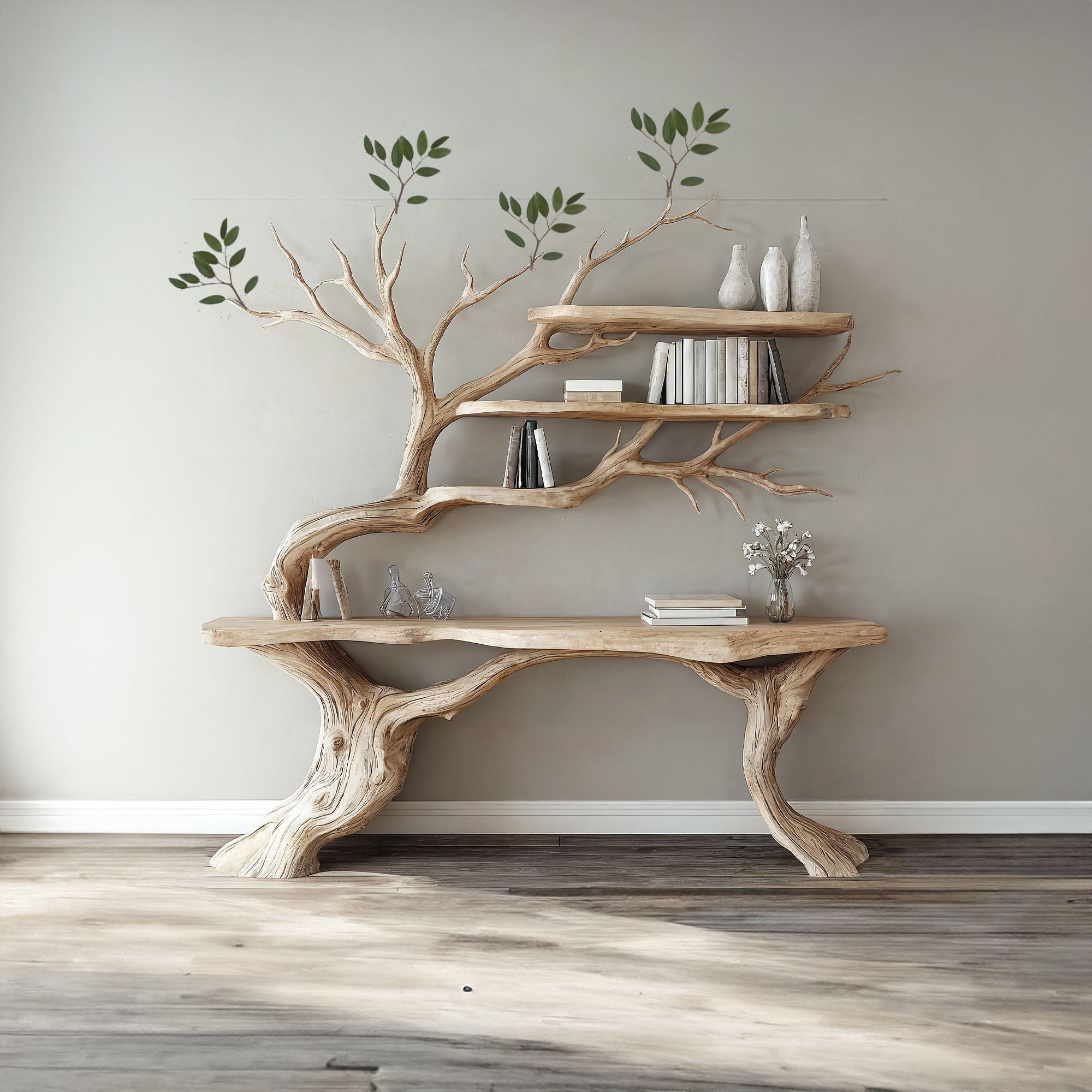 Handmade Rustic Natural Console Table With Tree Branch Bookshelf SINLCS038