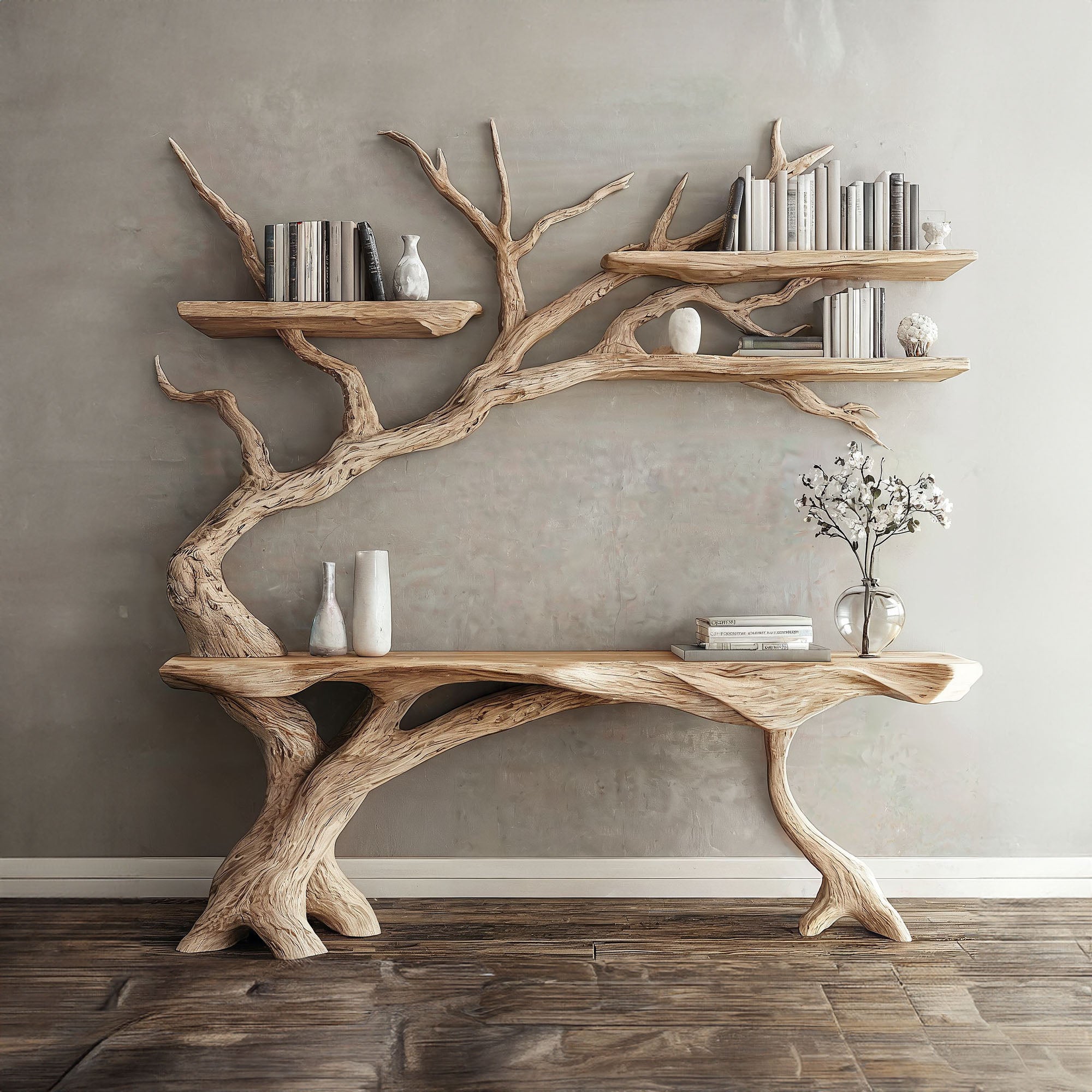 Rustic Console Narrow Table With Tree Branch Bookshelf SINLCS037