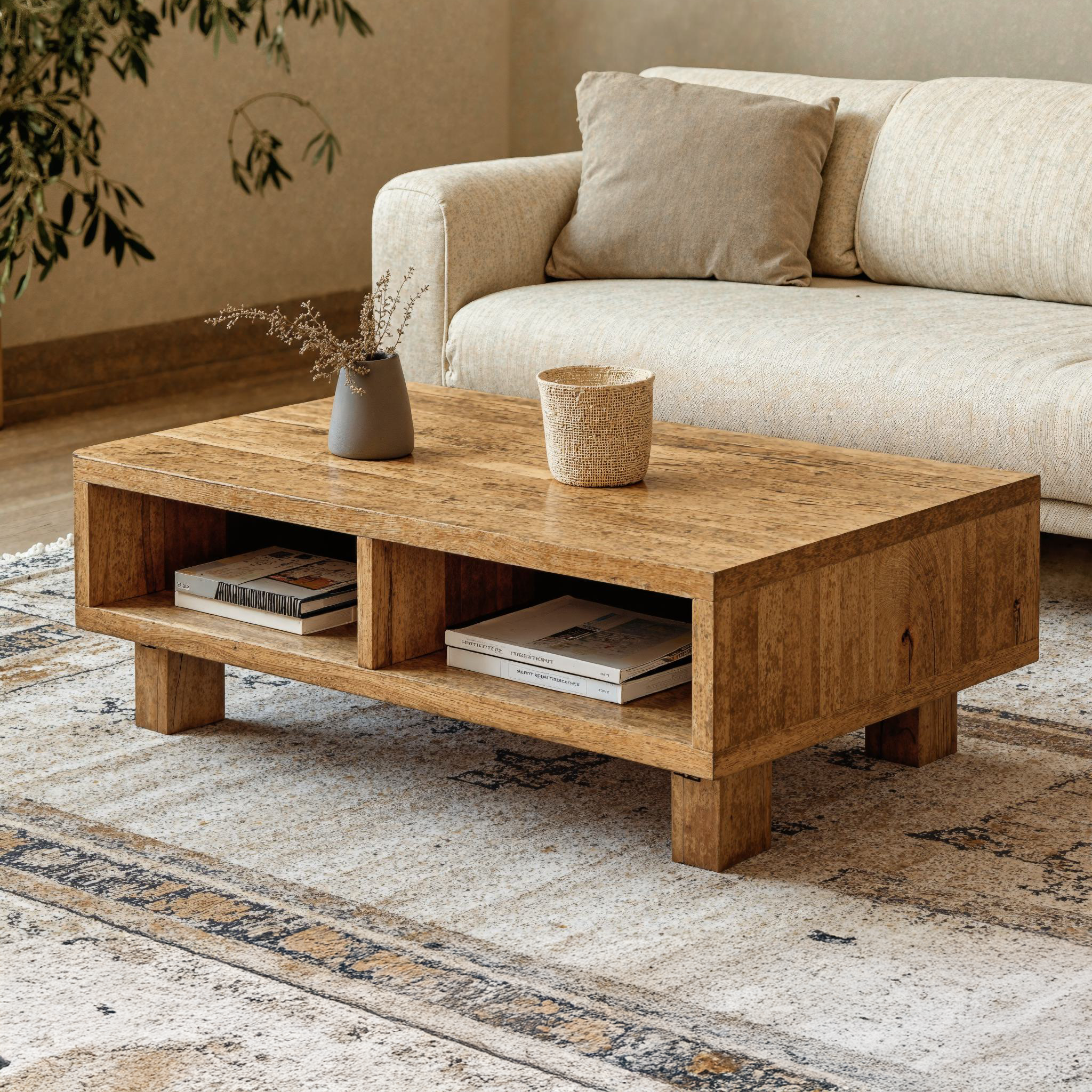 Vintage Natural Wood Coffee Table With Storage Cozy Living Room SILDTCF120