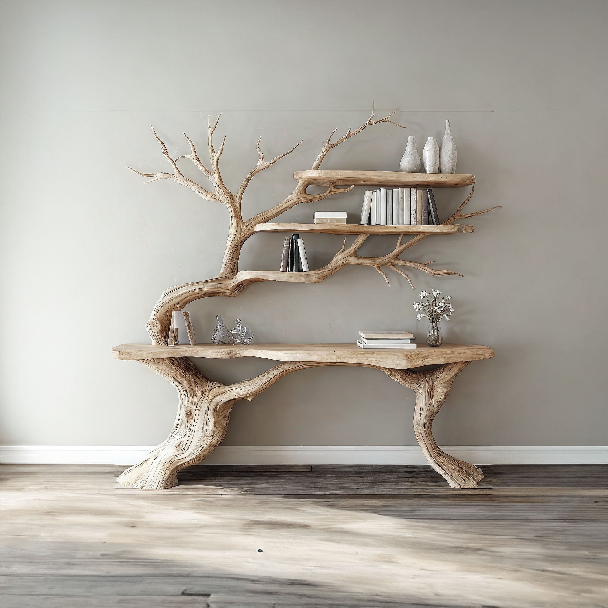 Handmade Rustic Natural Console Table With Tree Branch Bookshelf SINLCS038