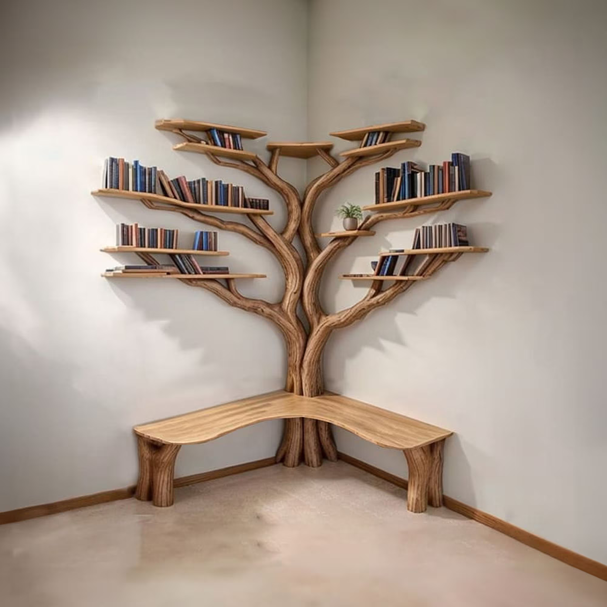 Tree Floating Corner Bookshelf With Corner Bench lshaped SINLTBS010