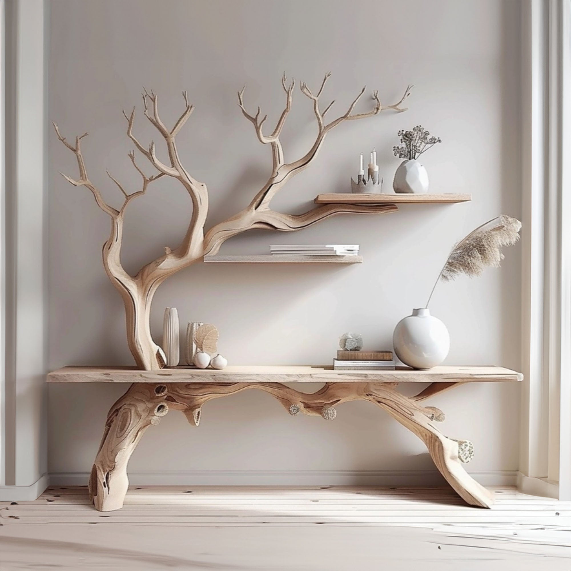 Farmhouse console table with tree branch bookshelf SINLCS034