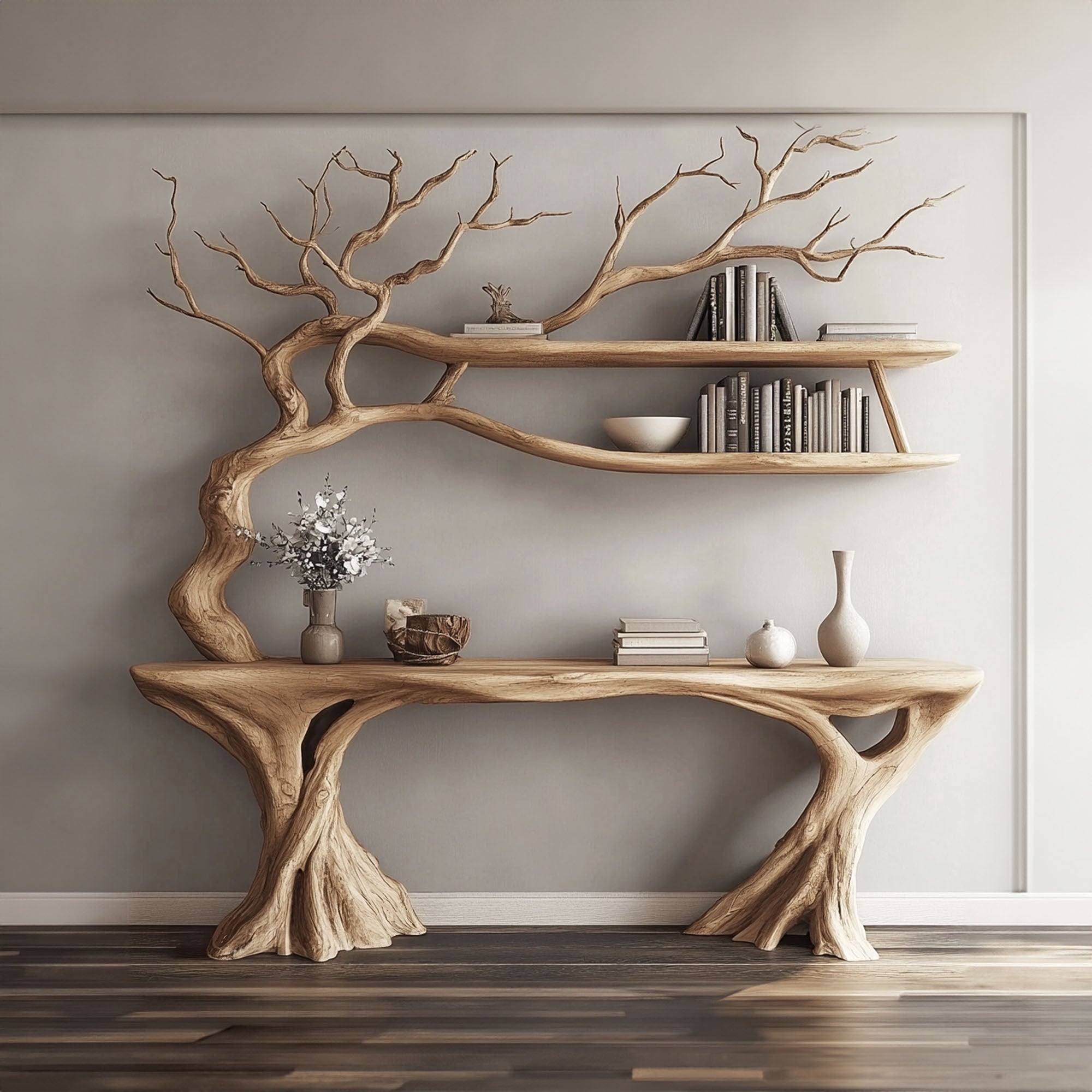 Console Narrow Table With Tree Branch Bookshelf SINLCS036