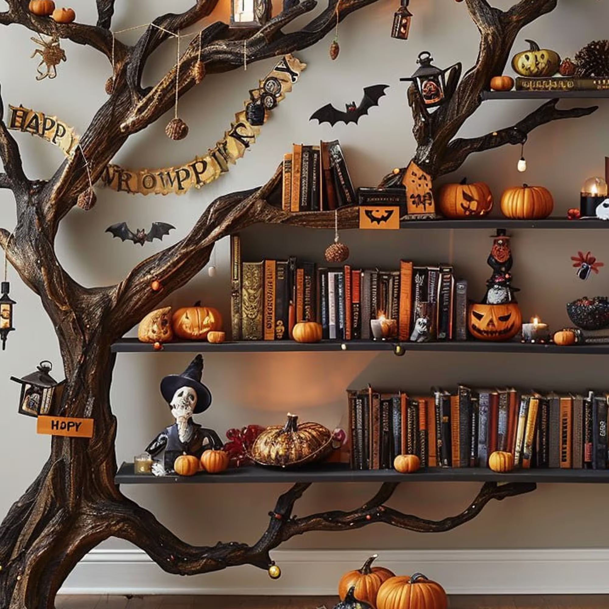 Tree Books Shelf Decor Halloween Solid Wood SINLHW001