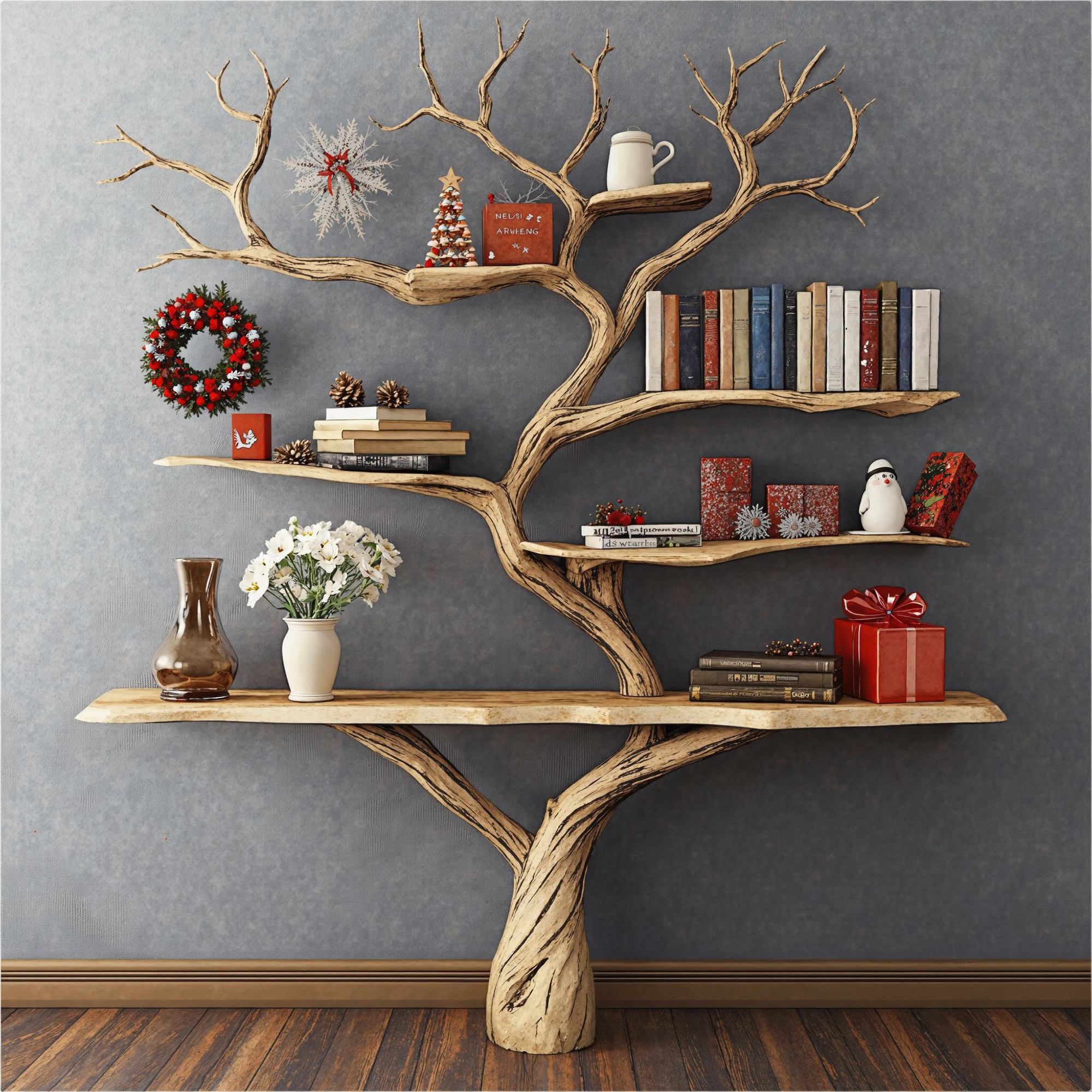 Wooden Rustic Console Table With Tree Bookshelf SINLCM013