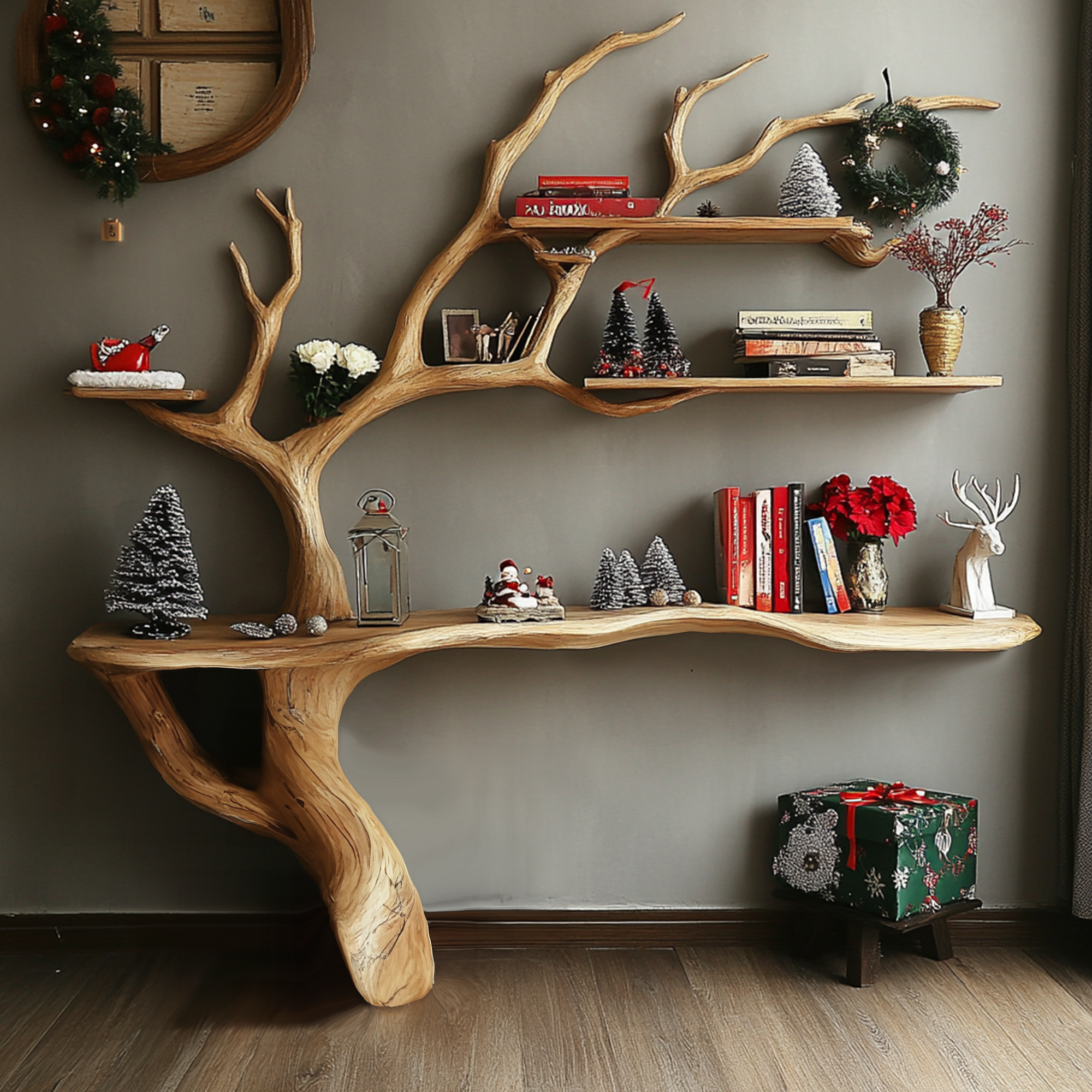 Wooden Console Table With Tree Bookcase Tree Shelf SINLCM010