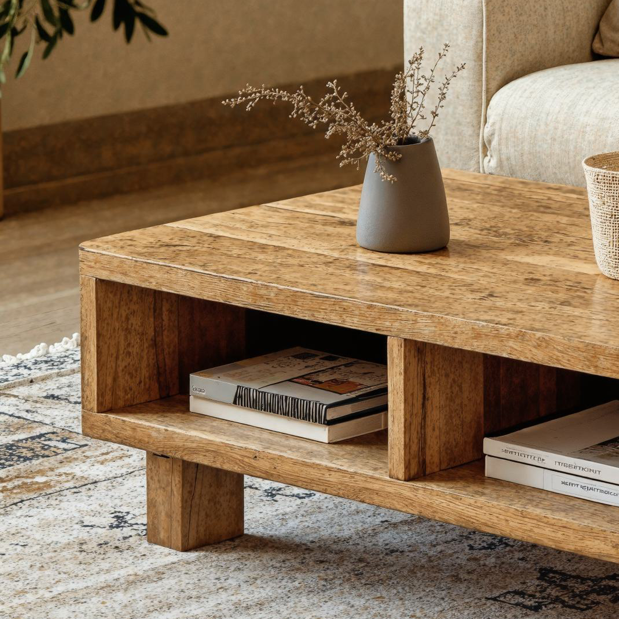 Vintage Natural Wood Coffee Table With Storage Cozy Living Room SILDTCF120