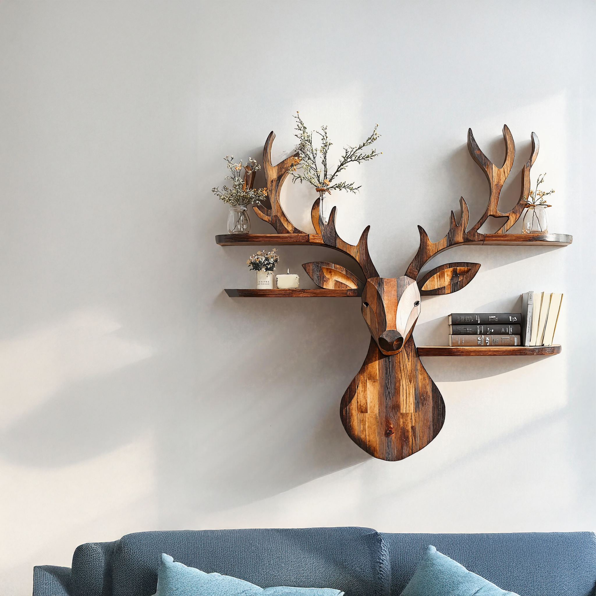 Rustic Handcrafted Wood Deer Shelf For Living Room Decor SILDTDE001