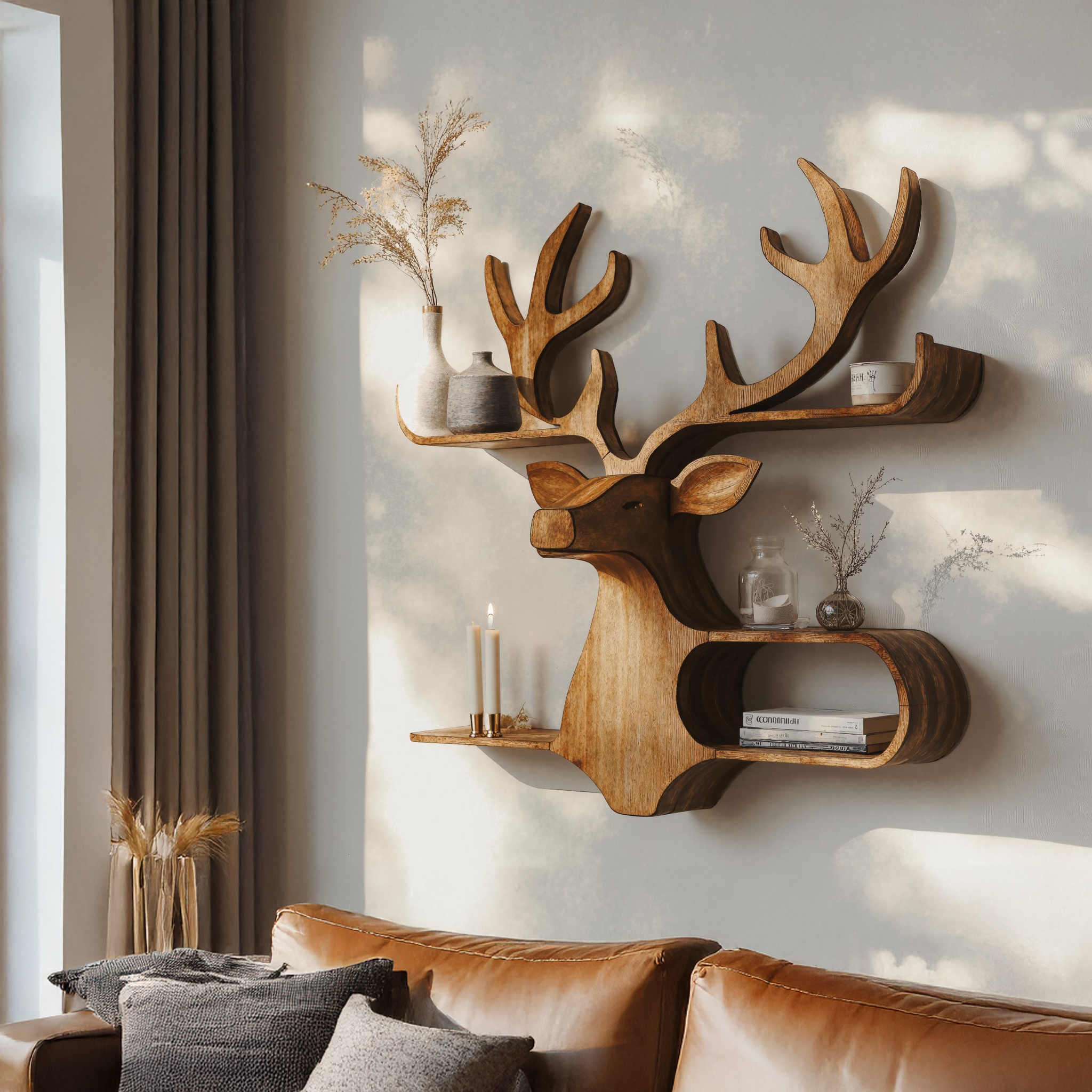 Farmhouse Wooden Deer Shelf For Rustic Wall Display SILDTDE013