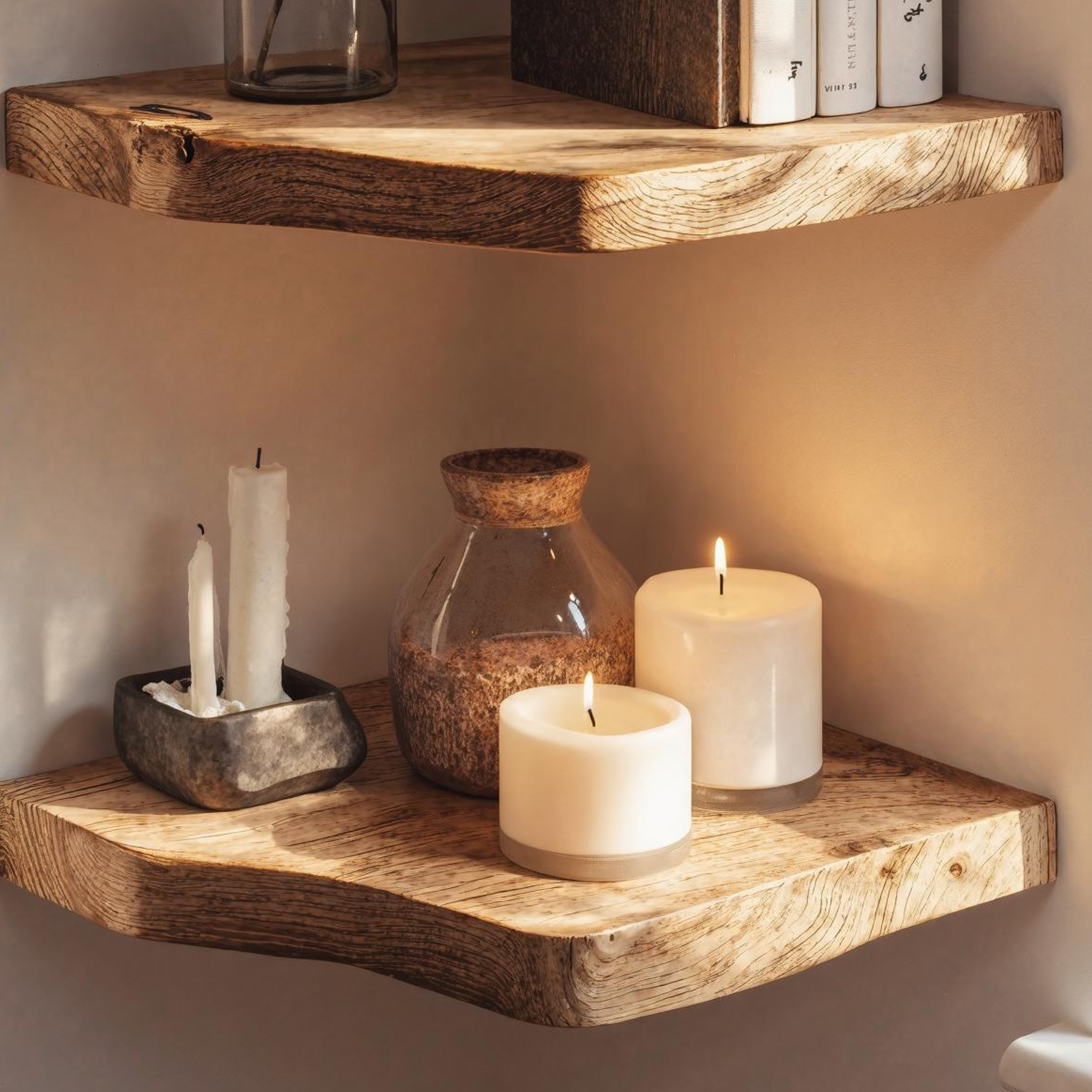 Farmhouse Rustic Natural Wood Corner Shelf For Country Kitchen SILDTCN070