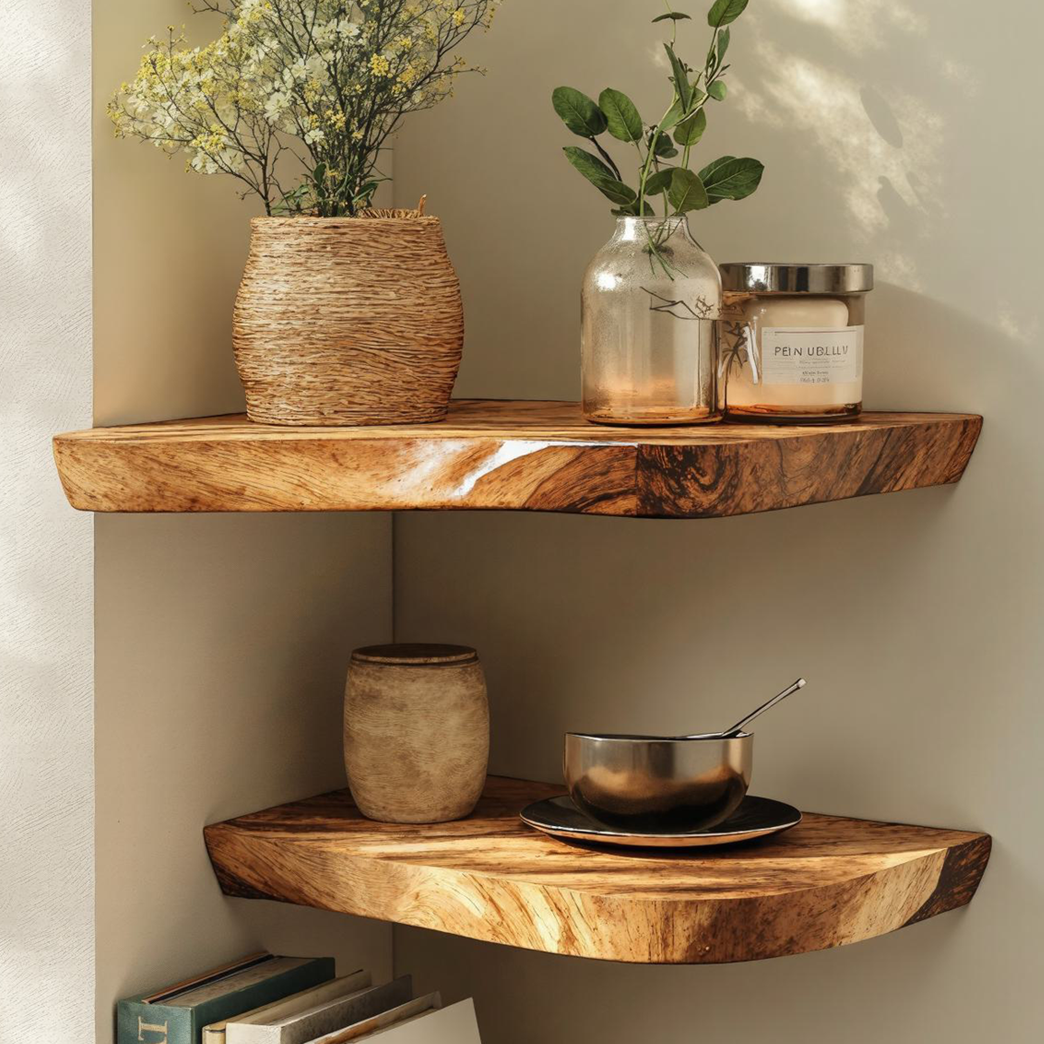 Farmhouse Style Live Edge Corner Shelves For Dining Room SILDTCN046