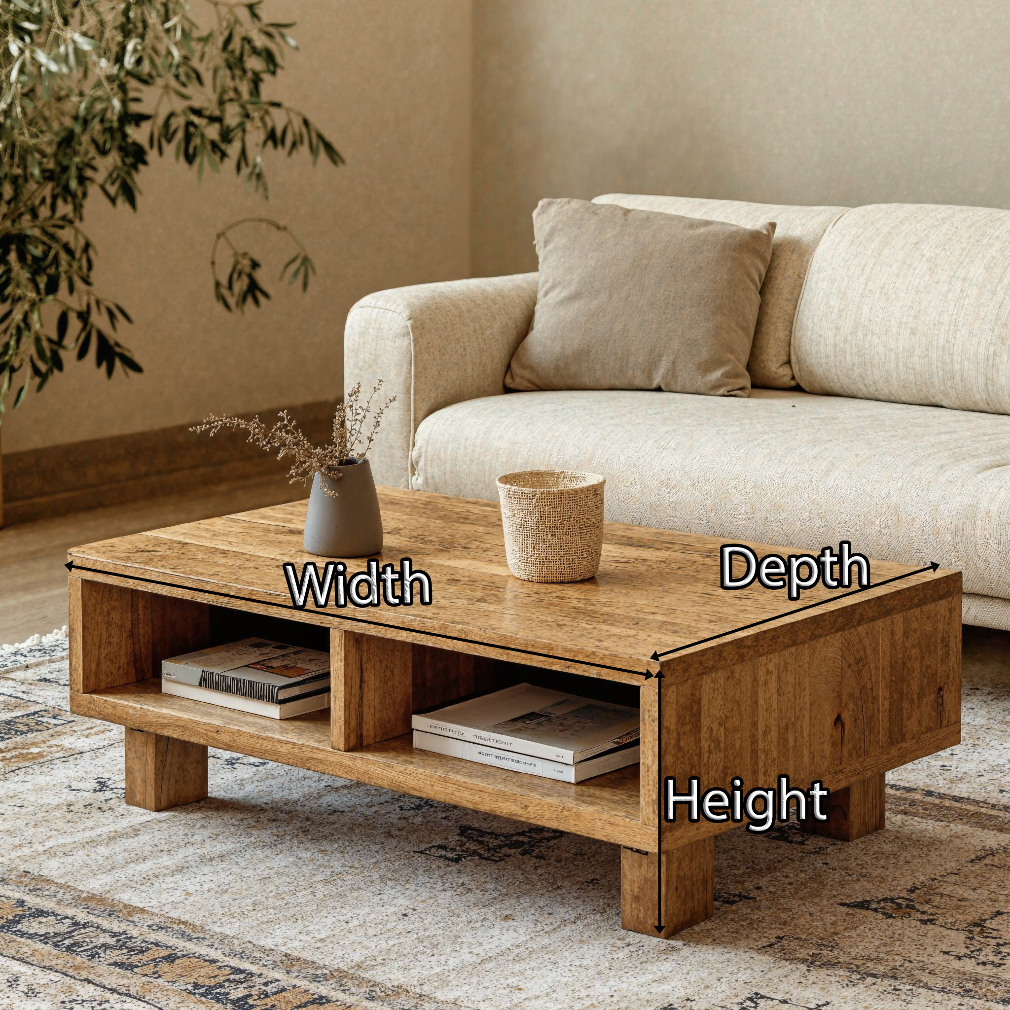 Vintage Natural Wood Coffee Table With Storage Cozy Living Room SILDTCF120