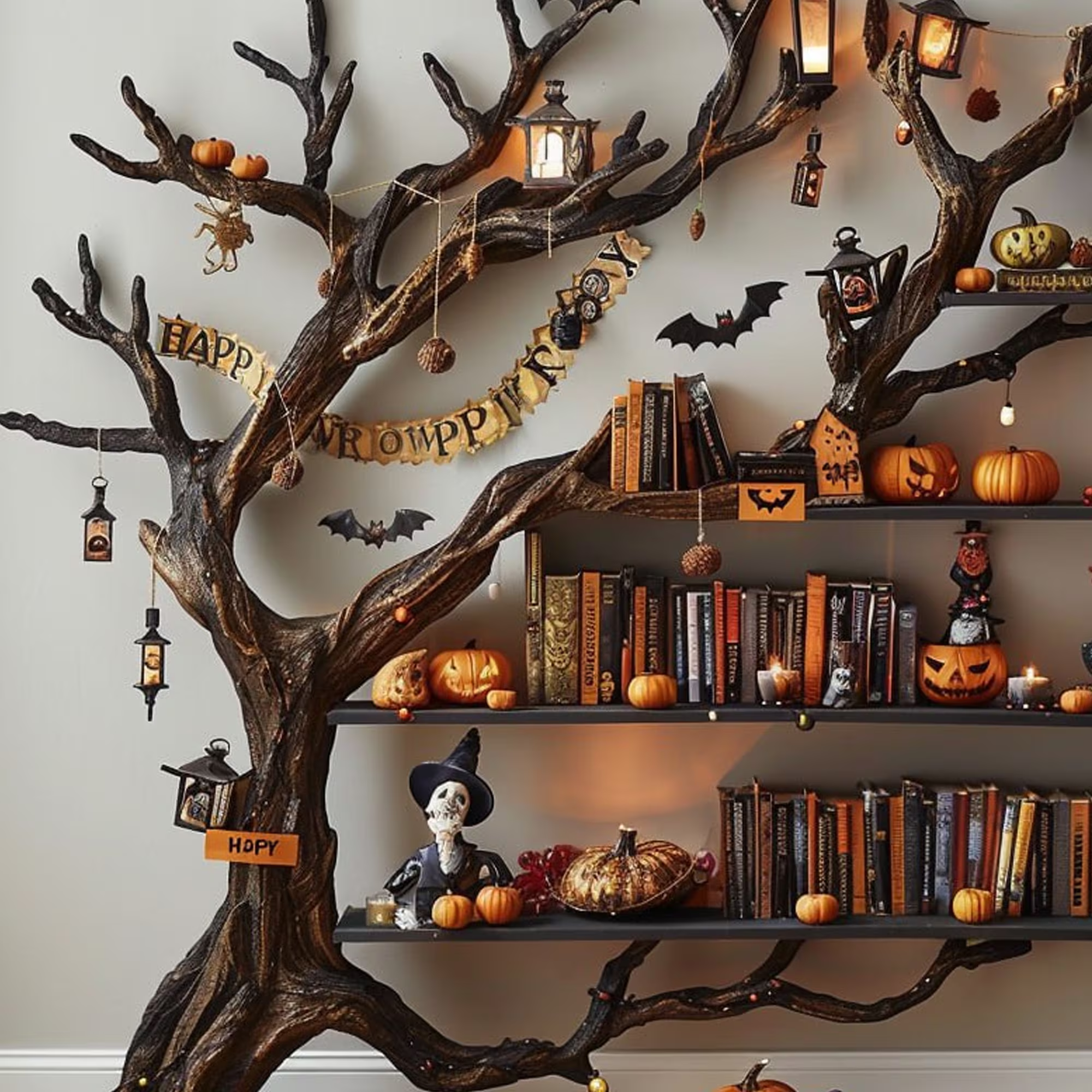 Tree Books Shelf Decor Halloween Solid Wood SINLHW001