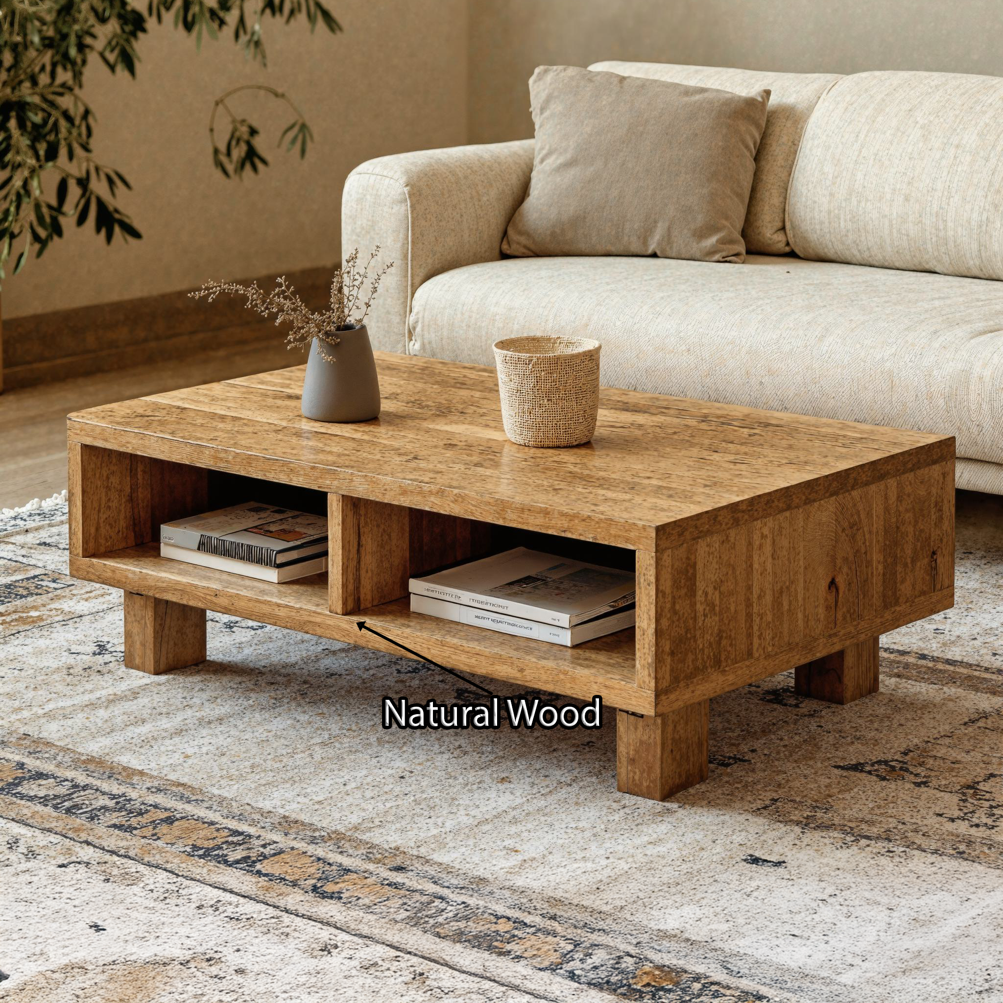 Vintage Natural Wood Coffee Table With Storage Cozy Living Room SILDTCF120